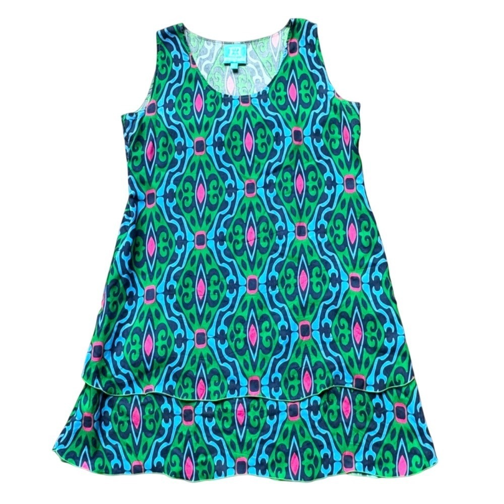 Escapada‎ Tiered Medallion Print Sleeveless Dress, Womens L Green Blue Pink